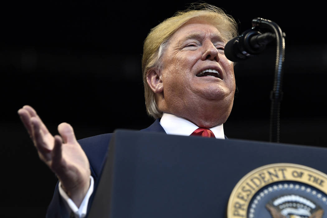 President Donald Trump speaks at a campaign rally in Sunrise, Fla., Tuesday, Nov. 26, 2019. (AP ...