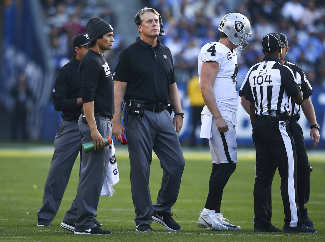 Oakland Raiders head coach Jack Del Rio, third from left, with quarterback Derek Carr (4) durin ...