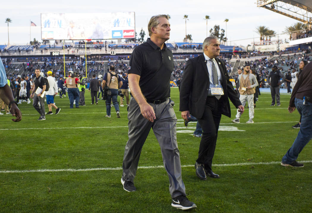 Oakland Raiders head coach Jack Del Rio walks off the field after his final game as head coach ...