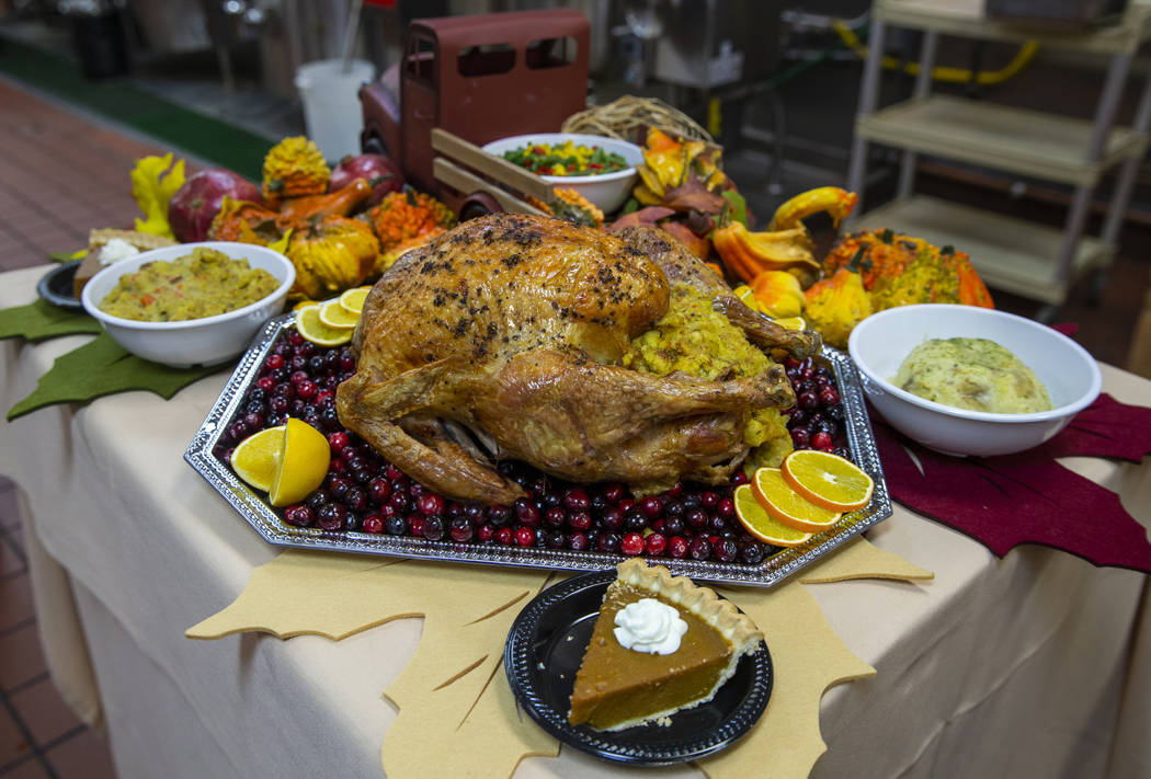 A full turkey dinner on display in the kitchen as Catholic Charities of Southern Nevada serves ...