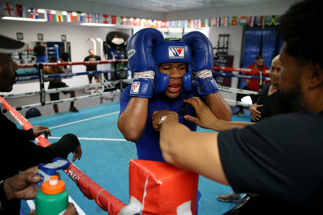 Boxer Devin Haney, center, adjust his headgear with help from his father and trainer William "B ...