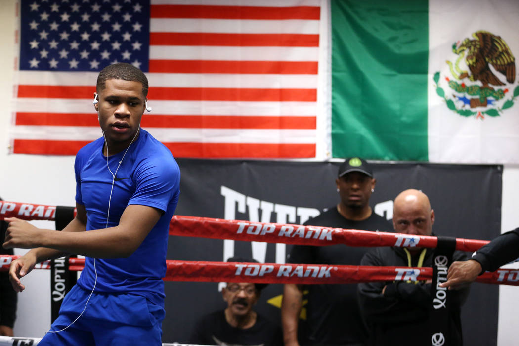 Boxer Devin Haney during a training camp workout at the Capetillo & TM Boxing Gym in Las Vegas, ...