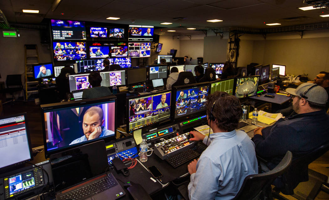 The control room is busy during the 2019 Poker Masters broadcast in the PokerGO Studio at the A ...