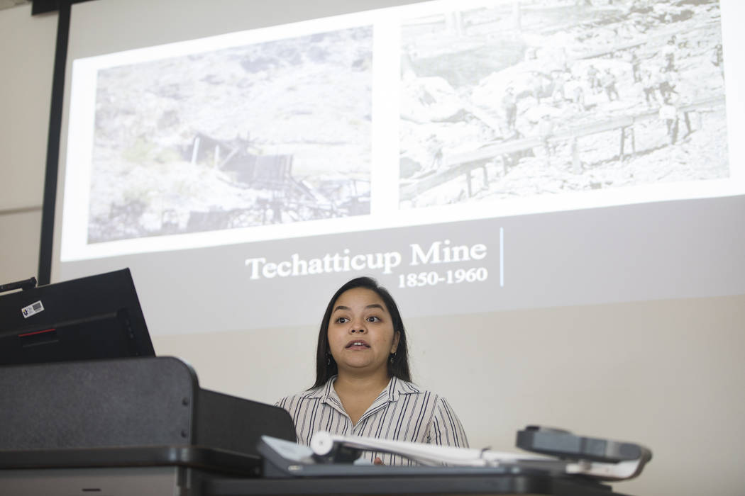 Giavanna Fernandez delivers a presentation in an environmental management class at the College ...
