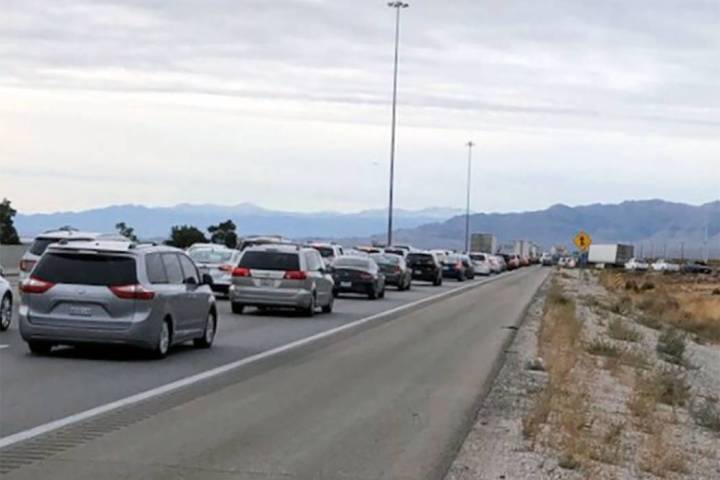 Traffic is backed up on Interstate 15 north of Primm on Sunday, Dec. 1, 2019. (NHP)