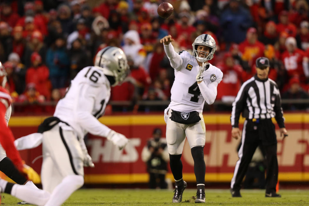 Oakland Raiders quarterback Derek Carr (4) throws the football to wide receiver Tyrell Williams ...