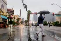 Rain falls on the Strip in Las Vegas on Wednesday Nov. 20, 2019. Rain is a possibility on Wedne ...