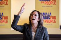 Presidential candidate Sen. Kamala Harris, D-Calif., addresses the audience during a meet and g ...