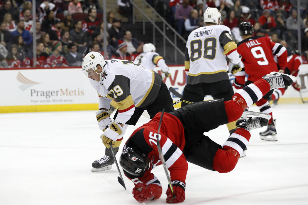 New Jersey Devils defenseman P.K. Subban (76) trips in front of Vegas Golden Knights right wing ...