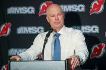 FILE - In this Monday, Oct. 14, 2019 file photo, New Jersey Devils head coach John Hynes talks ...