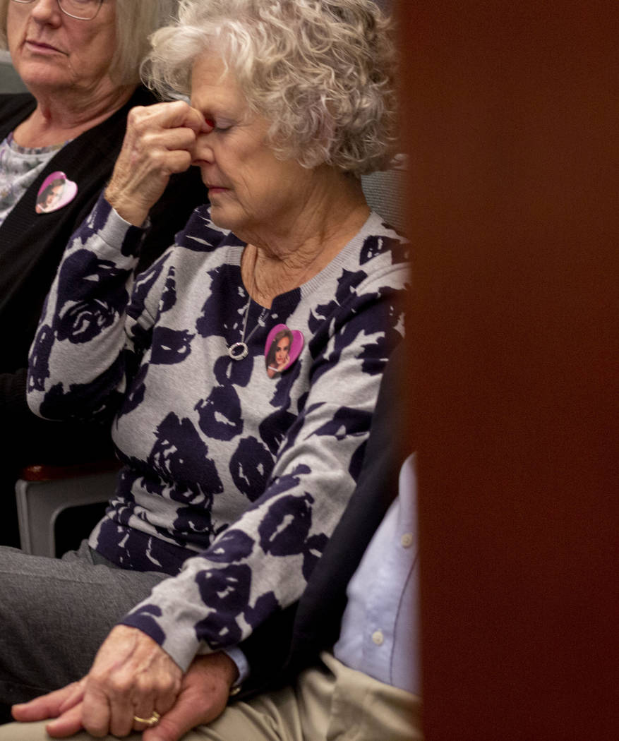 Beth Claypool, grandmother of homicide victim Amelia Claypool, cries while her son Donald Blain ...