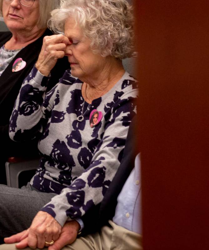 Beth Claypool, grandmother of homicide victim Amelia Claypool, cries while her son Donald Blain ...