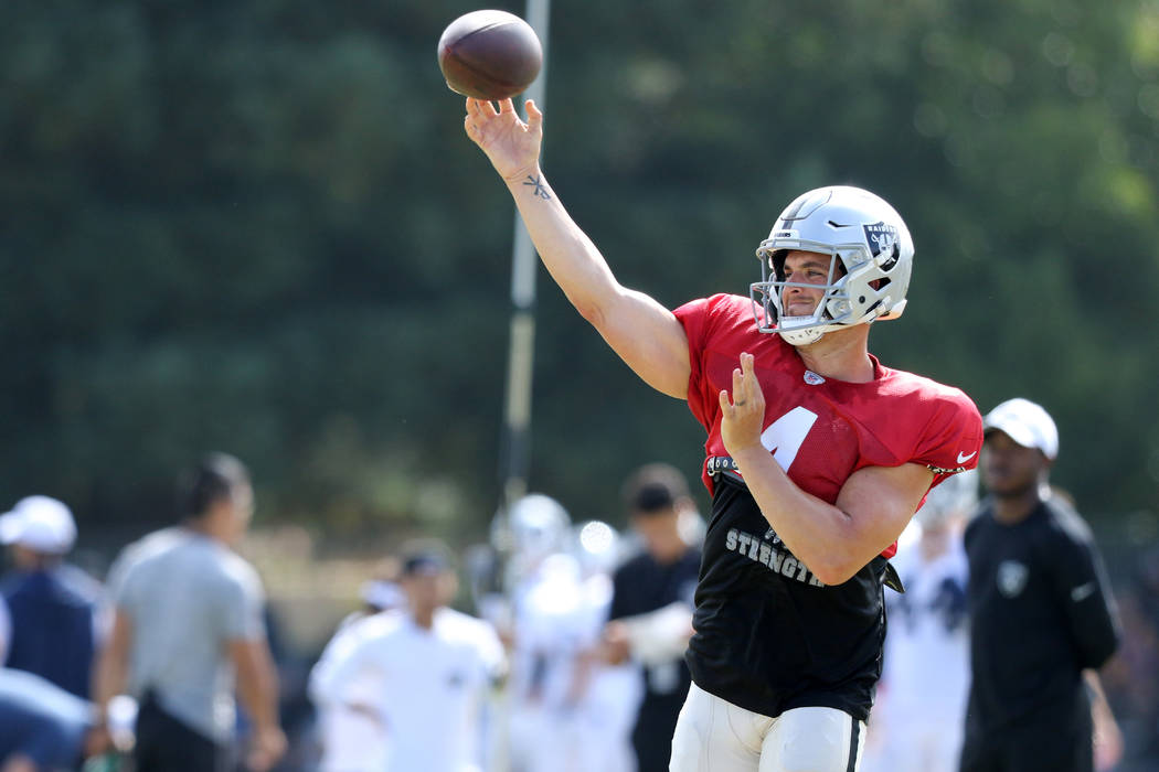 Oakland Raiders quarterback Derek Carr (4) throws the football during the NFL team's joint trai ...