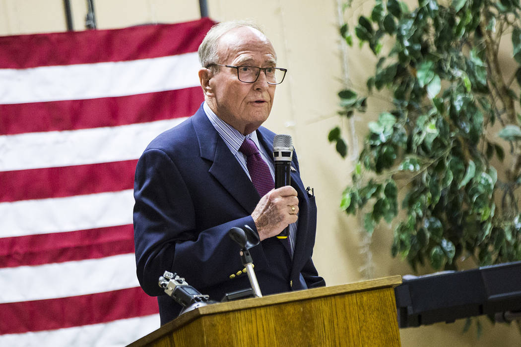 Former U.S. Senator and Nevada Gov. Richard Bryan speaks during a ceremony commemorating the 75 ...