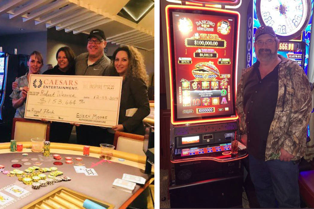 Robert Weaver, left, and Raymond enjoy their $100,000 hits in Las Vegas. (Twitter)