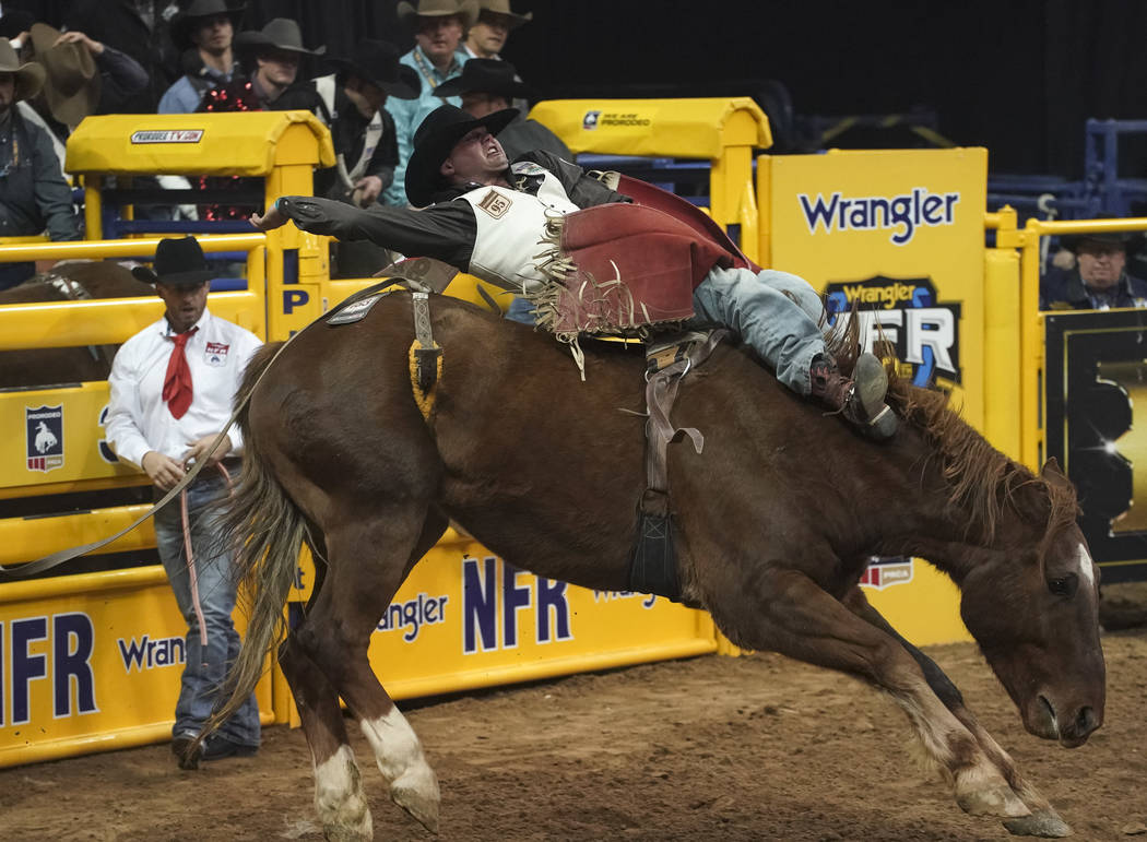 Shane O'Connell of Rapid City, S.D. competes in the bareback riding event during the eighth go- ...