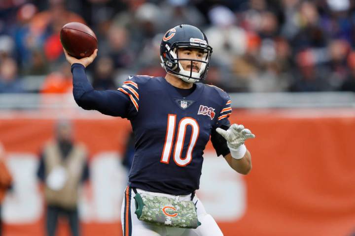 Chicago Bears quarterback Mitchell Trubisky throws against the Detroit Lions during the second ...