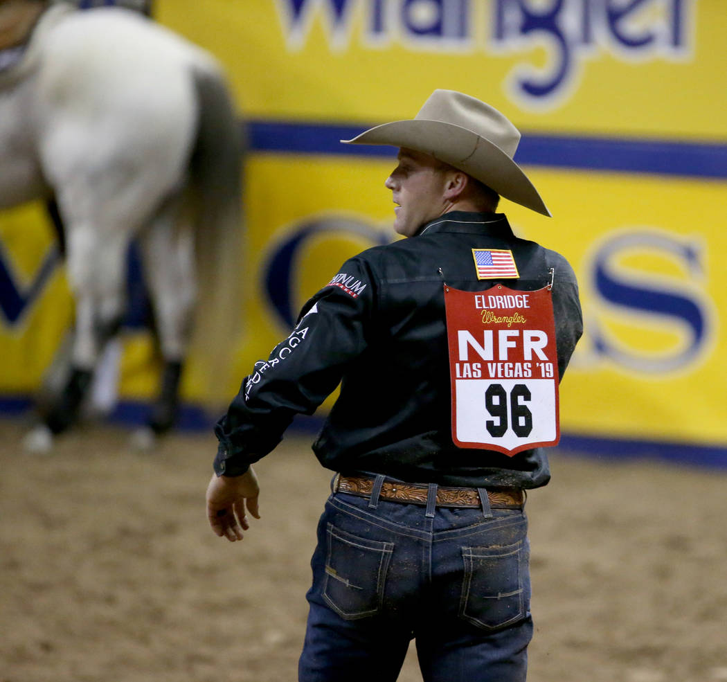 Dakota Eldridge of Elko competes in Steer Wrestling during the second go-around of the Wrangler ...