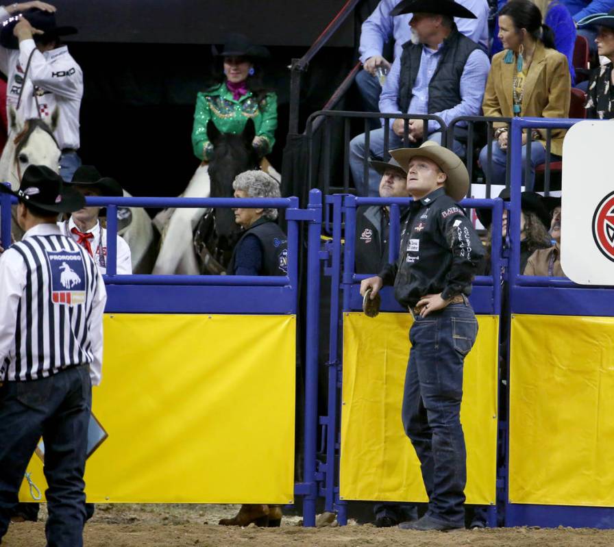 Dakota Eldridge of Elko competes in Steer Wrestling during the second go-around of the Wrangler ...