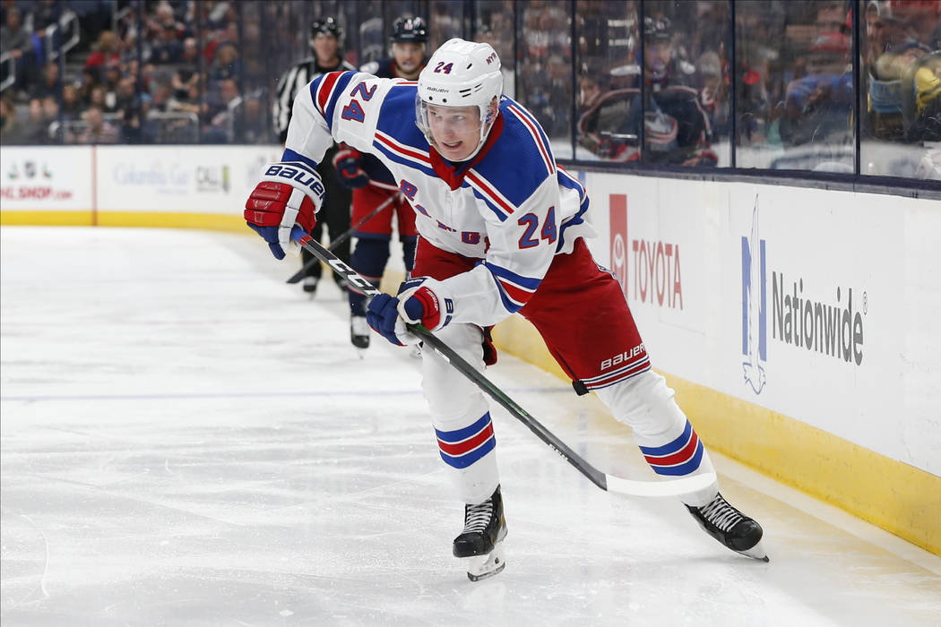 New York Rangers' Kaapo Kakko, of Finland, plays against the Columbus Blue Jackets during an NH ...