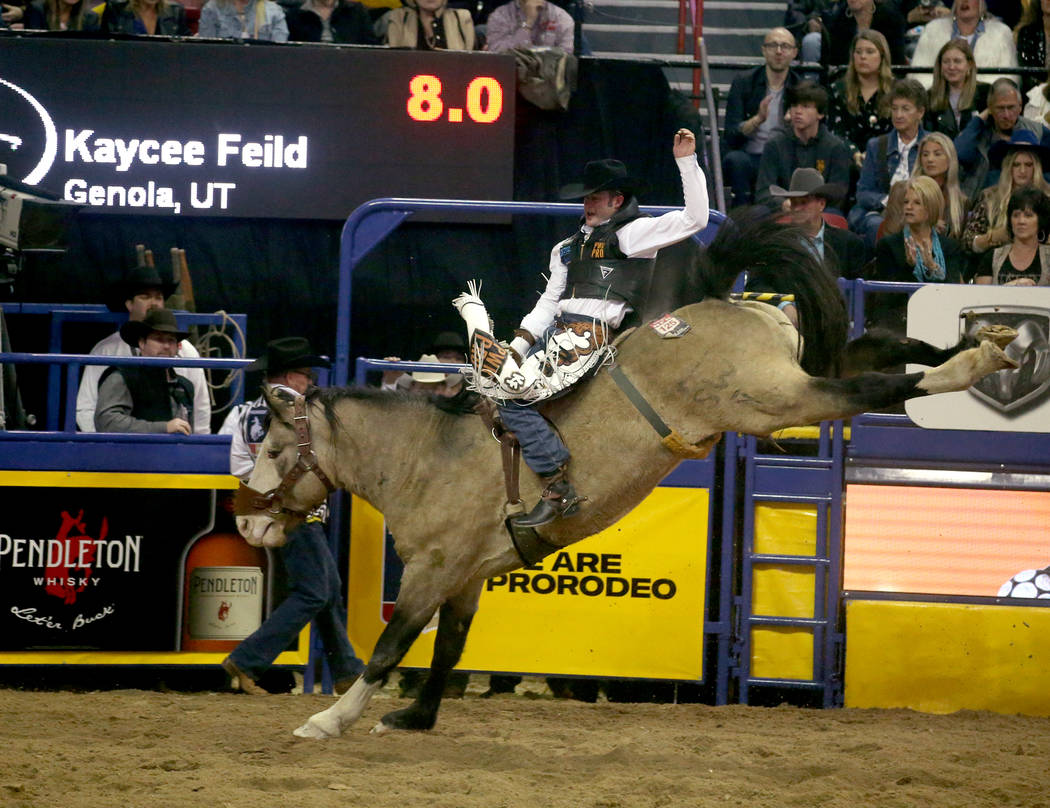 Kaycee Feild of Genola, Utah rides Colorado Bulldog to a score of 87 in the Bareback Riding com ...