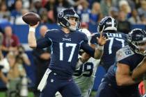 Tennessee Titans quarterback Ryan Tannehill (17) throws against the Indianapolis Colts during t ...