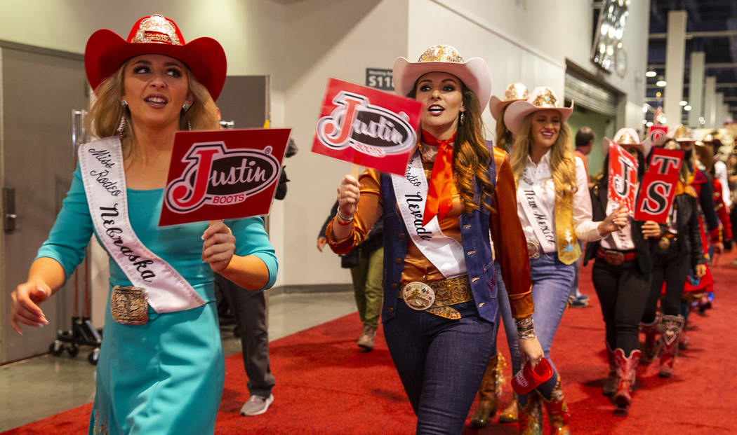 Contestants Eva Oliver of Nebraska, left, Makenzie McMurtrey of Nevada and Savannah Welborn of ...