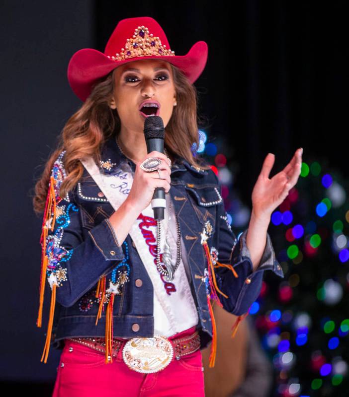 Miss Rodeo America 2019 Taylor McNair of Mississippi welcomes the auction audience following th ...