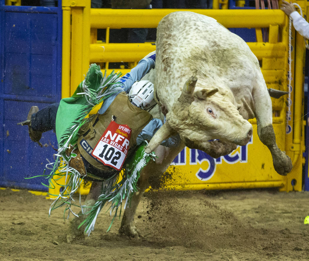 Jordan Spears of Redding, Calif., attempts to hang on to Diamond Cutter during the third go-aro ...