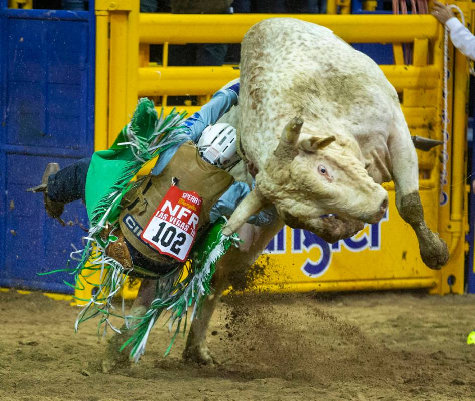 Jordan Spears of Redding, Calif., attempts to hang on to Diamond Cutter during the third go-aro ...