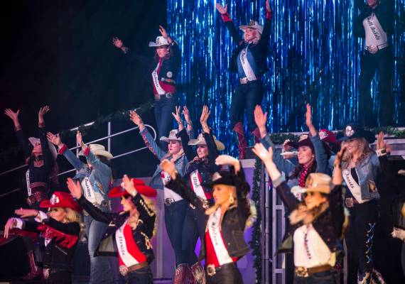 Contestants for Miss Rodeo America 2020 perform at the Miss Rodeo America pageant at the Tropic ...