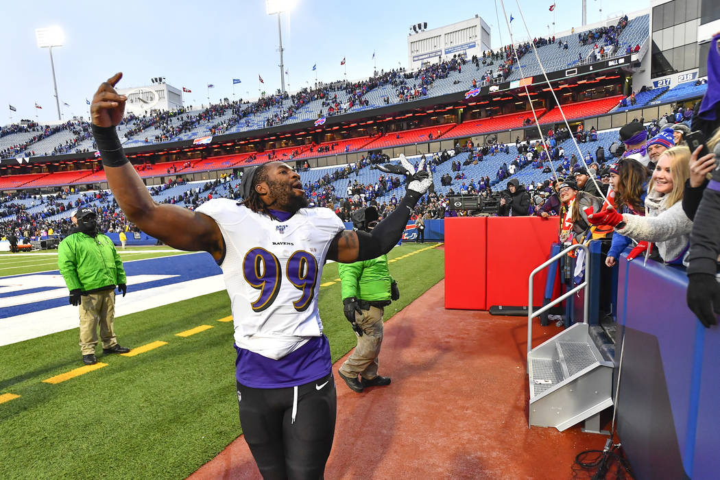 Baltimore Ravens outside linebacker Matt Judon (99) celebrates a 24-17 win over the Buffalo Bil ...