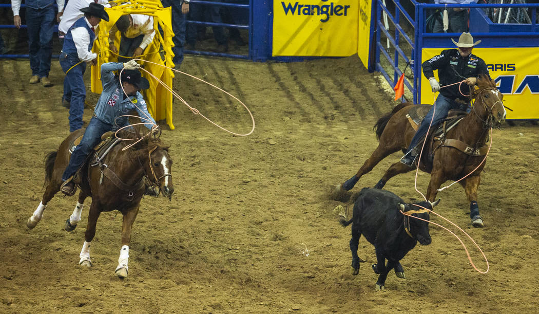 Heeler Jake Long, left, of Coffeyville, Kan., and Header Clay Tryan of Billings, Mont., work to ...