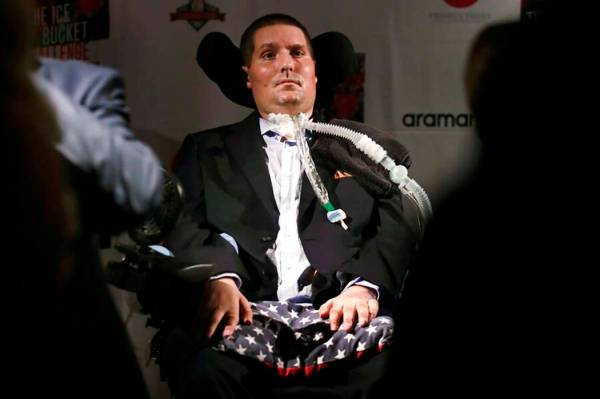 FILE - In this Sept. 18, 2017 photo, Pete Frates, who is stricken with amyotrophic lateral scle ...
