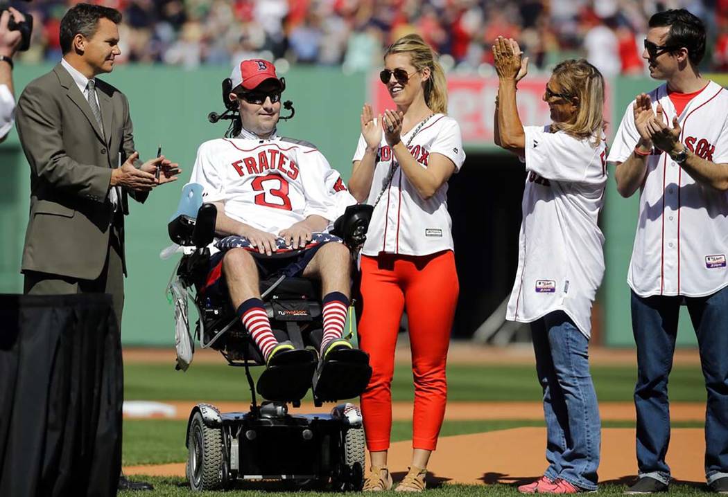 FILE - In this April 13, 2015, file photo, Pete Frates, former Boston College baseball player w ...