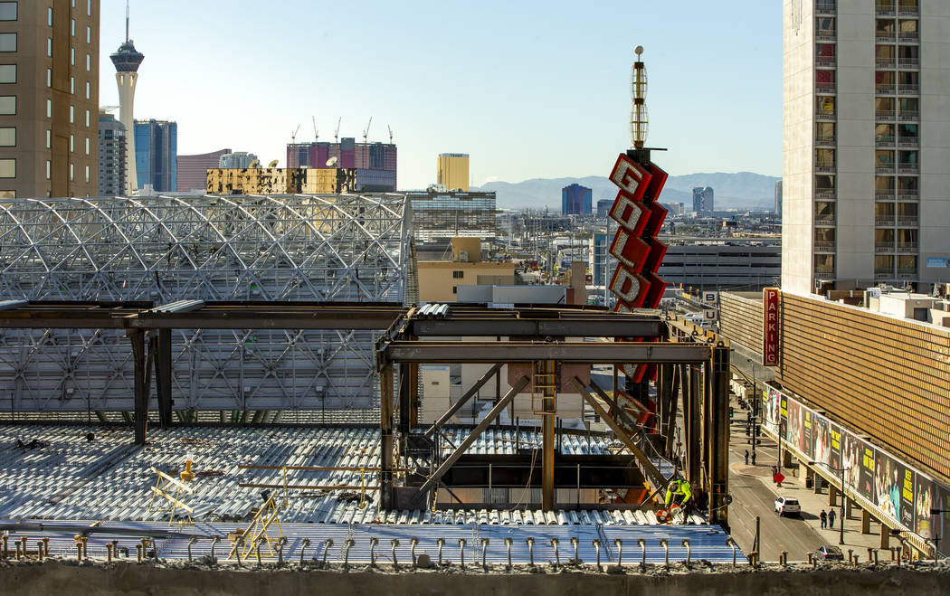 A worker cuts steel about the pool deck during a construction tour of the Circa on Monday, Dec. ...