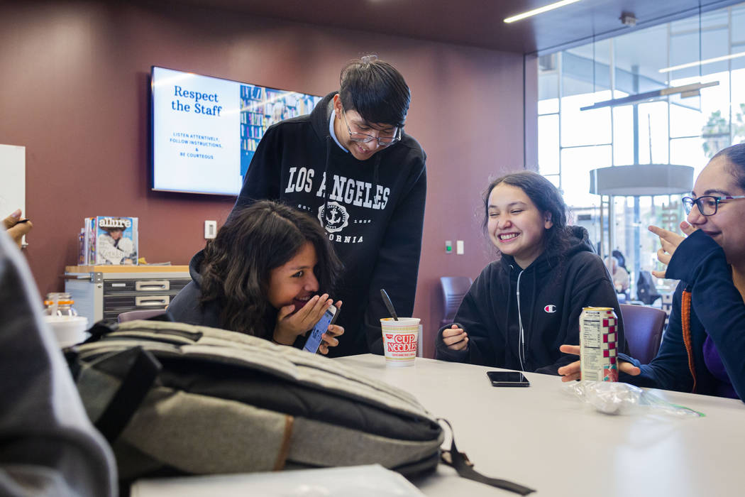 Martin Middle School students hangout in the East Las Vegas Library's Teen Sphere room in Las V ...