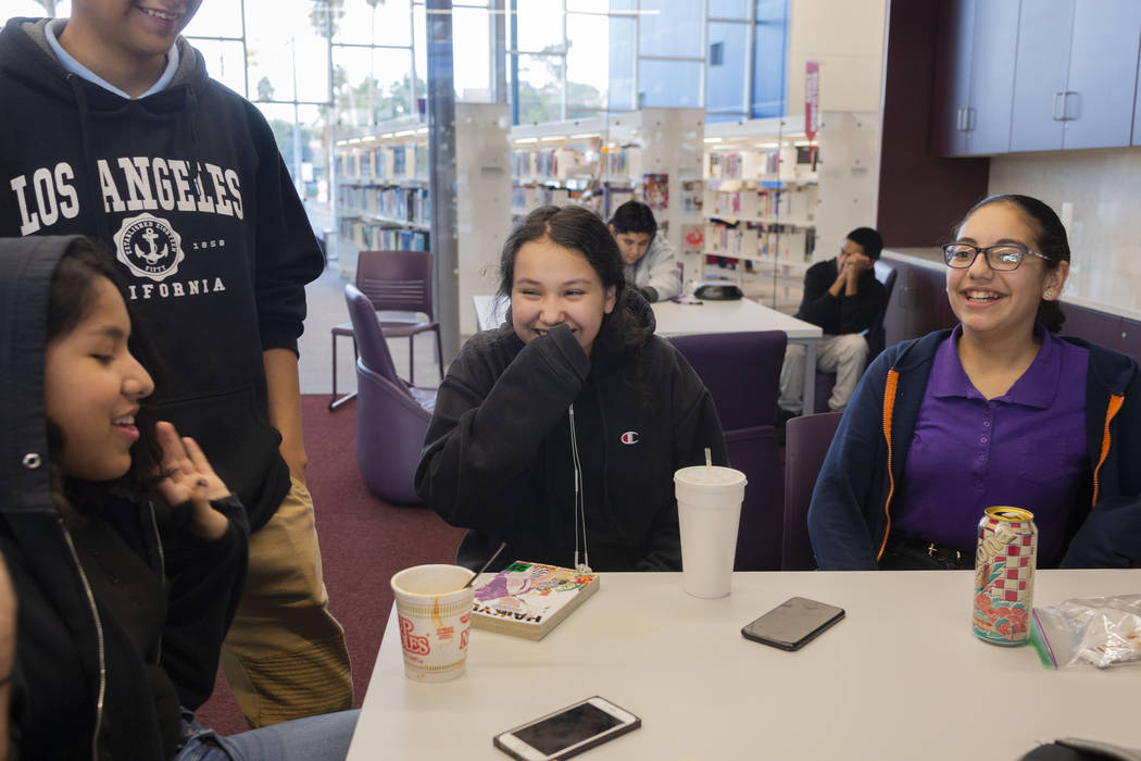 Martin Middle School students hangout in the East Las Vegas Library's Teen Sphere room in Las V ...