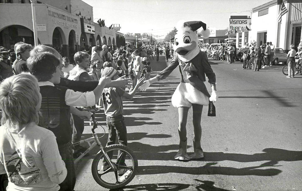 A costumed character greets visitors at the Boulder City Christmas Parade on Dec. 1, 1984. W.C. ...