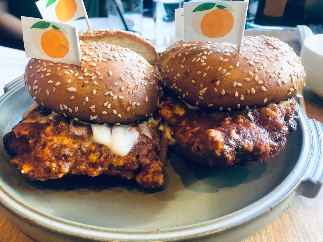 Spicy chicken sandwiches at Momofuku Las Vegas (Al Mancini Las Vegas Review-Journal)