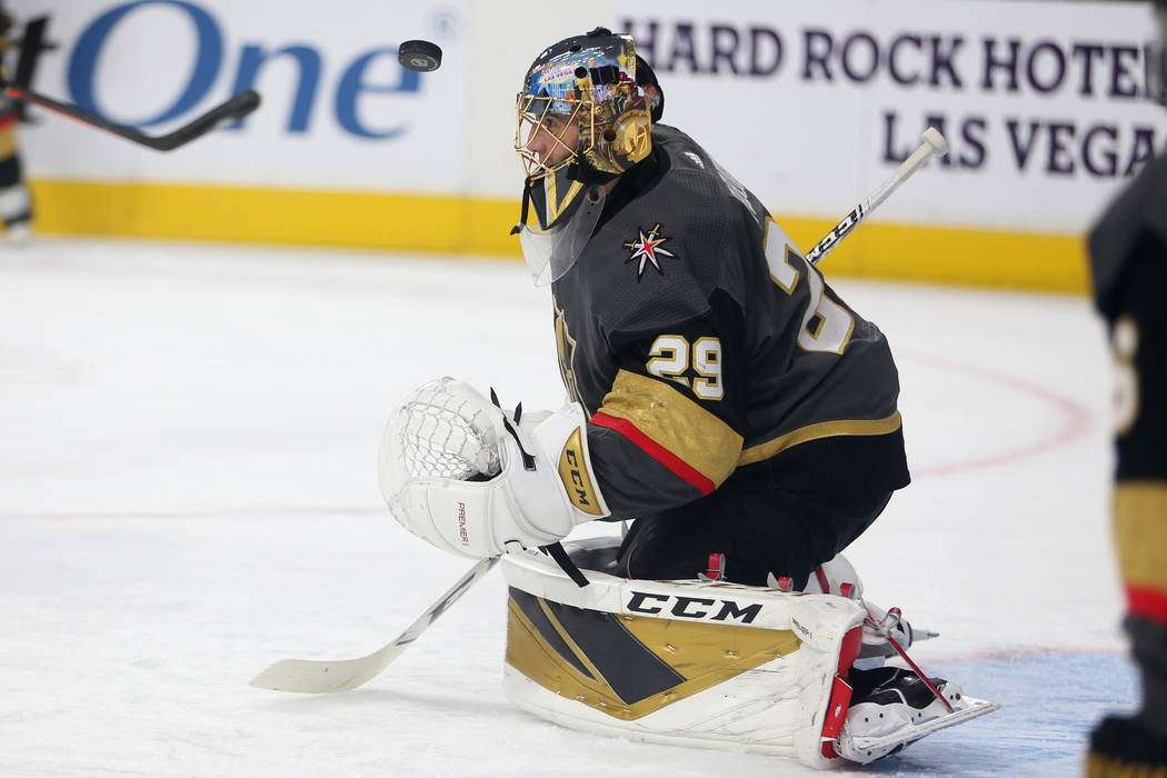 Vegas Golden Knights goaltender Marc-Andre Fleury (29) during warmups before their NHL hockey g ...