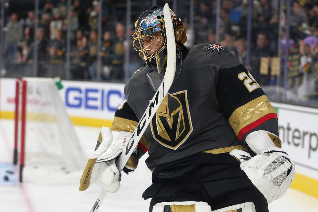 Vegas Golden Knights goaltender Marc-Andre Fleury (29) during warmups before their NHL hockey g ...