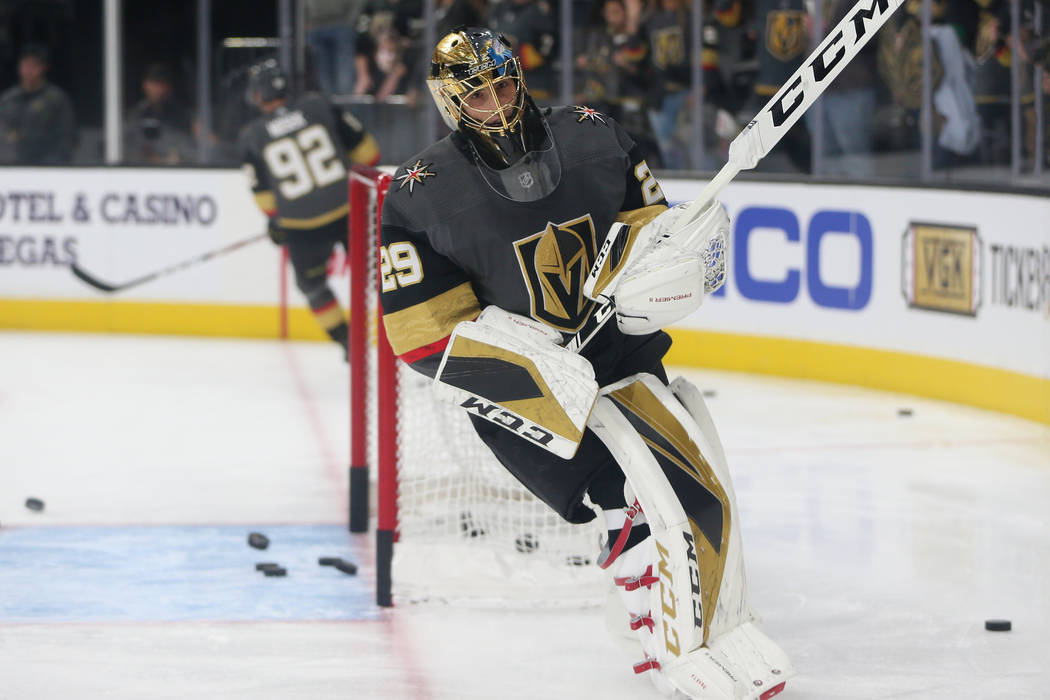 Vegas Golden Knights goaltender Marc-Andre Fleury (29) during warmups before their NHL hockey g ...