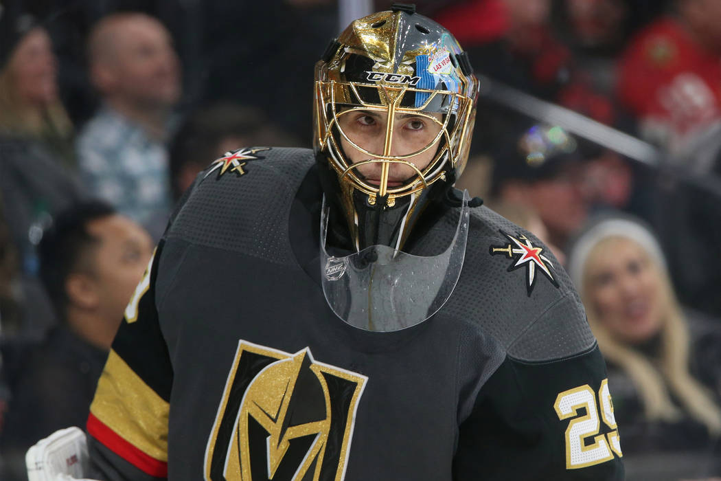 Vegas Golden Knights goaltender Marc-Andre Fleury (29) waits for play to resume in the second p ...