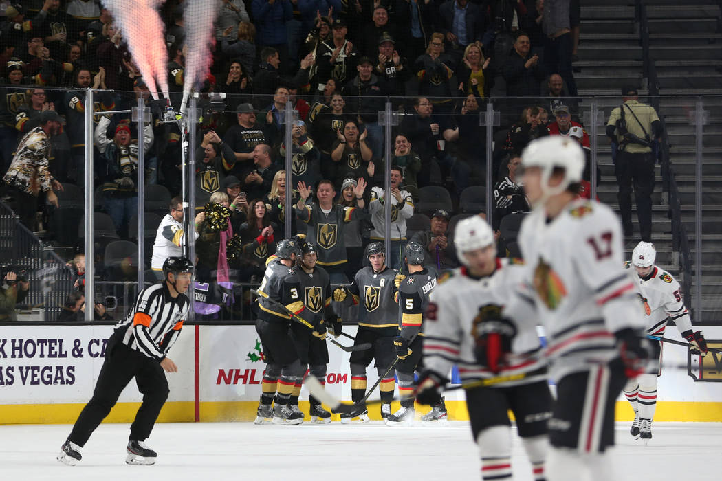 Vegas Golden Knights celebrates a score by center William Karlsson (71) in the second period du ...