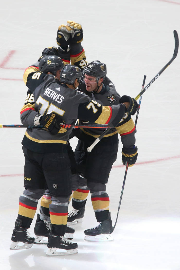 Vegas Golden Knights right wing Ryan Reaves (75) celebrates his score against the Chicago Black ...