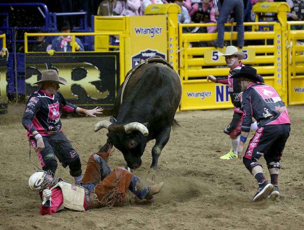 Bull fighters, from left, Cody Webster, Evan Allard and Dusty Tuckness protect Trevor Kastner o ...