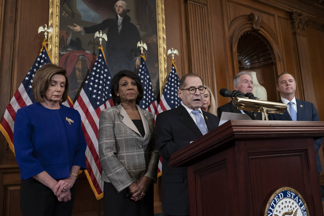 From left, Speaker of the House Nancy Pelosi, D-Calif., House Financial Services Committee Chai ...