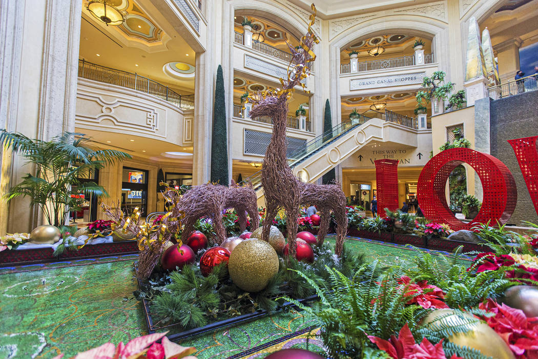 Holiday decorations at the waterfall atrium on Tuesday, Dec. 10, 2019, at The Venetian, in Las ...