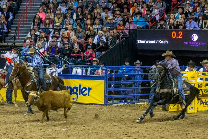 Heeler Hunter Koch, left, of Vernon, Texas, and Header Matt Sherwood of Pima, Ariz., work toget ...